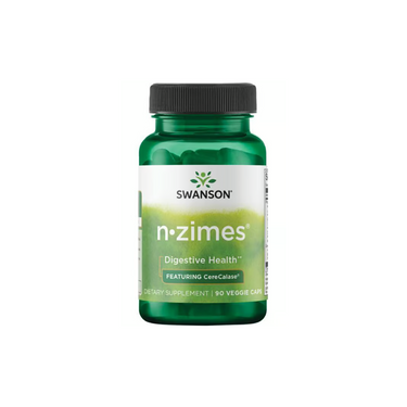 A bottle of Swanson N-Zimes (90 veggie capsules) in green packaging promotes digestive health with CereCalase®, a powerful enzyme blend.